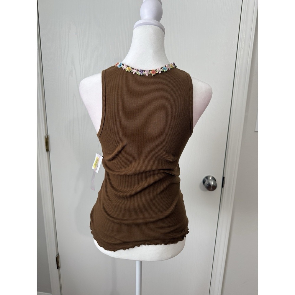 Celle Brown Ribbed Halter Tank Babydoll Floral Trim Detail NWT Medium Fairycore - Picture 5 of 9